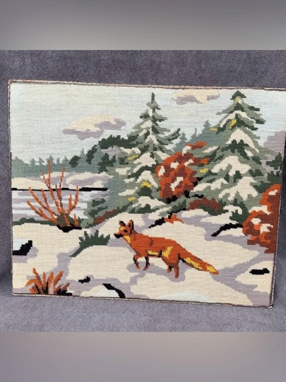 Vintage needlepoint fox winter scene 19x15